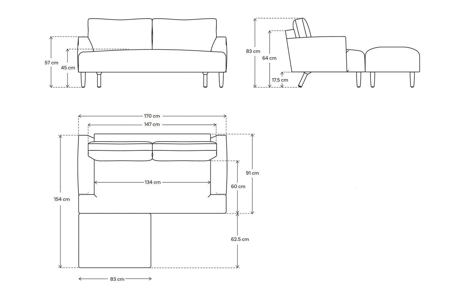 Zweisitzer-Sofa Model 05 mit Chaiselongue rechts