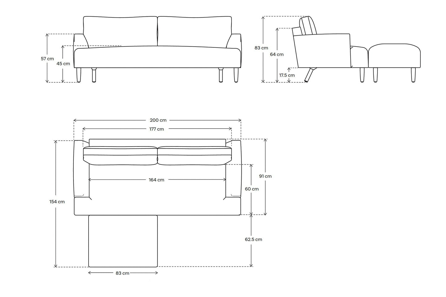 Dreisitzer-Sofa Model 05 mit Chaiselongue rechts