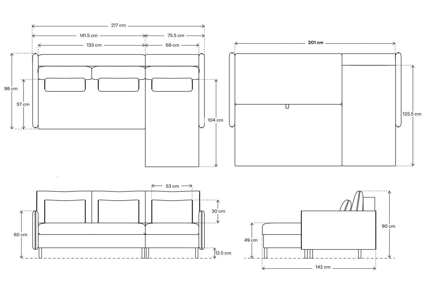 Dreisitzer-Sofa Model 12 mit Chaiselongue links