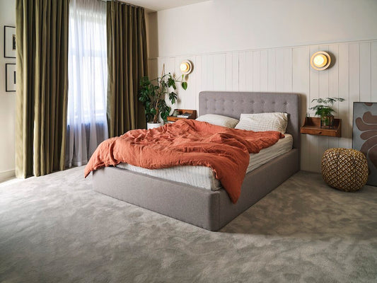 grey fabric bed