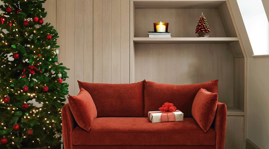 Christmas living room with red sofa