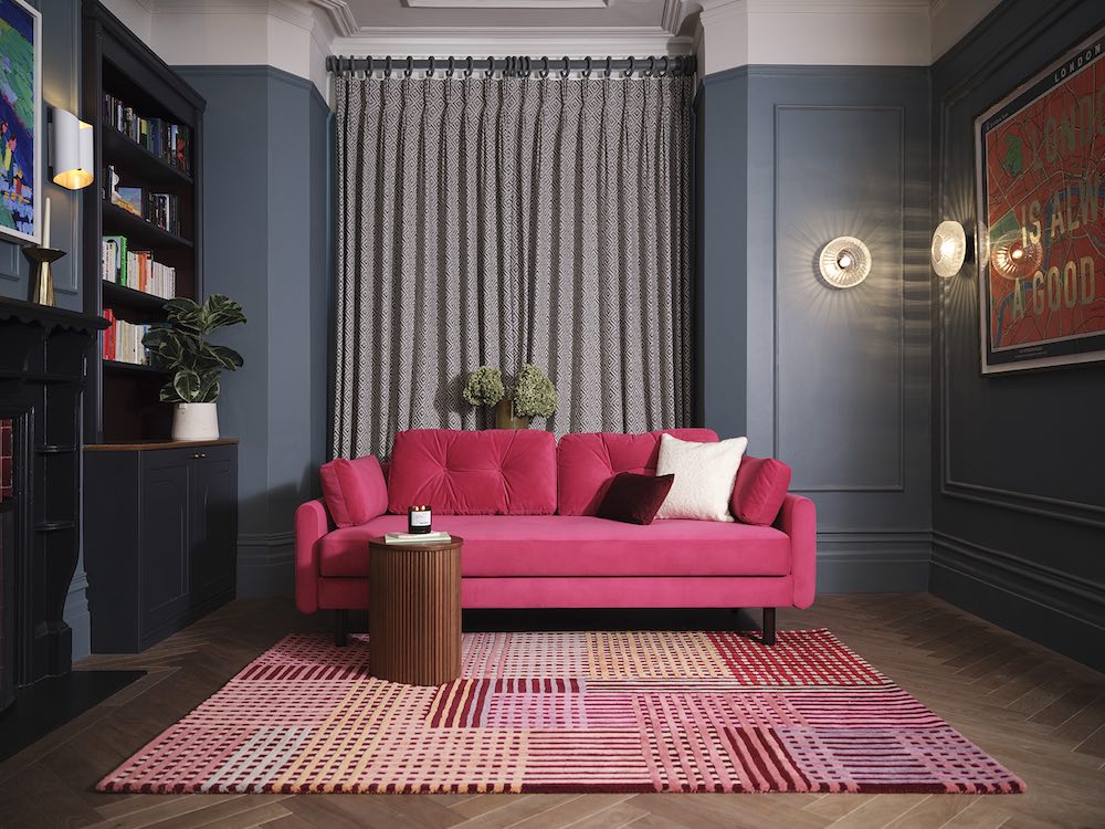 pink sofa with pink rug