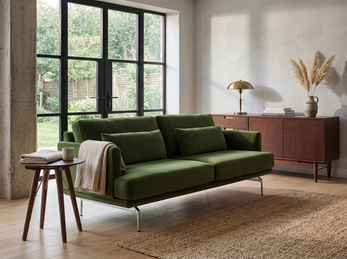 Model 14 3 Seater Sofa in Velvet Vine in a living room