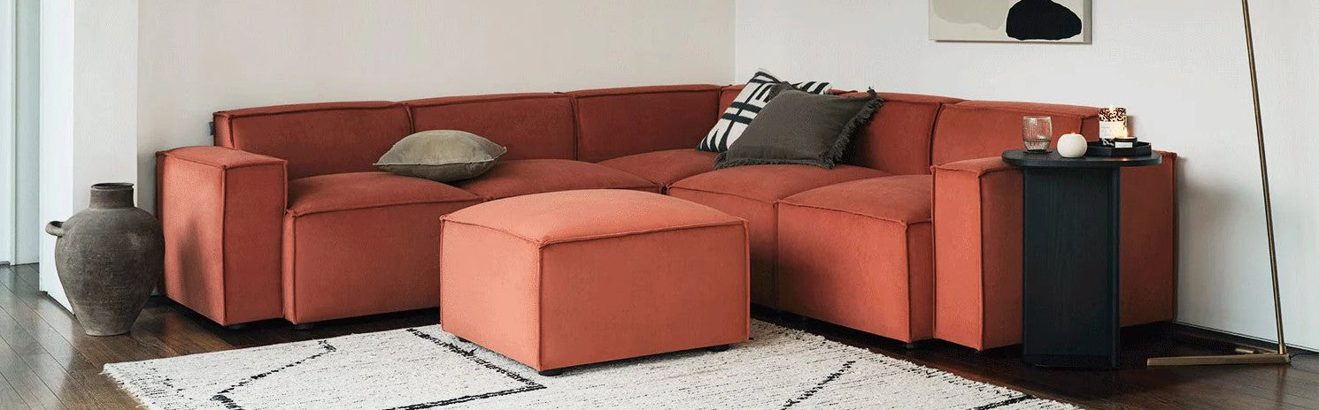 red modular corner sofa.