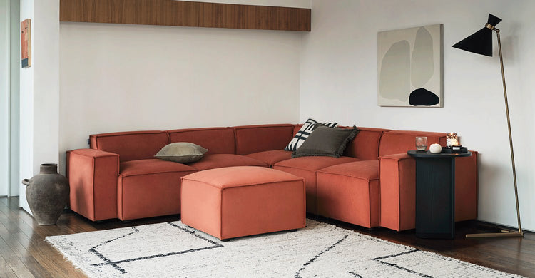 red modular corner sofa.