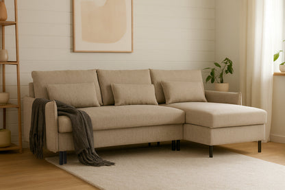 Model 12 Dreisitzer-Schlafsofa mit Chaiselongue rechts, Steingrau