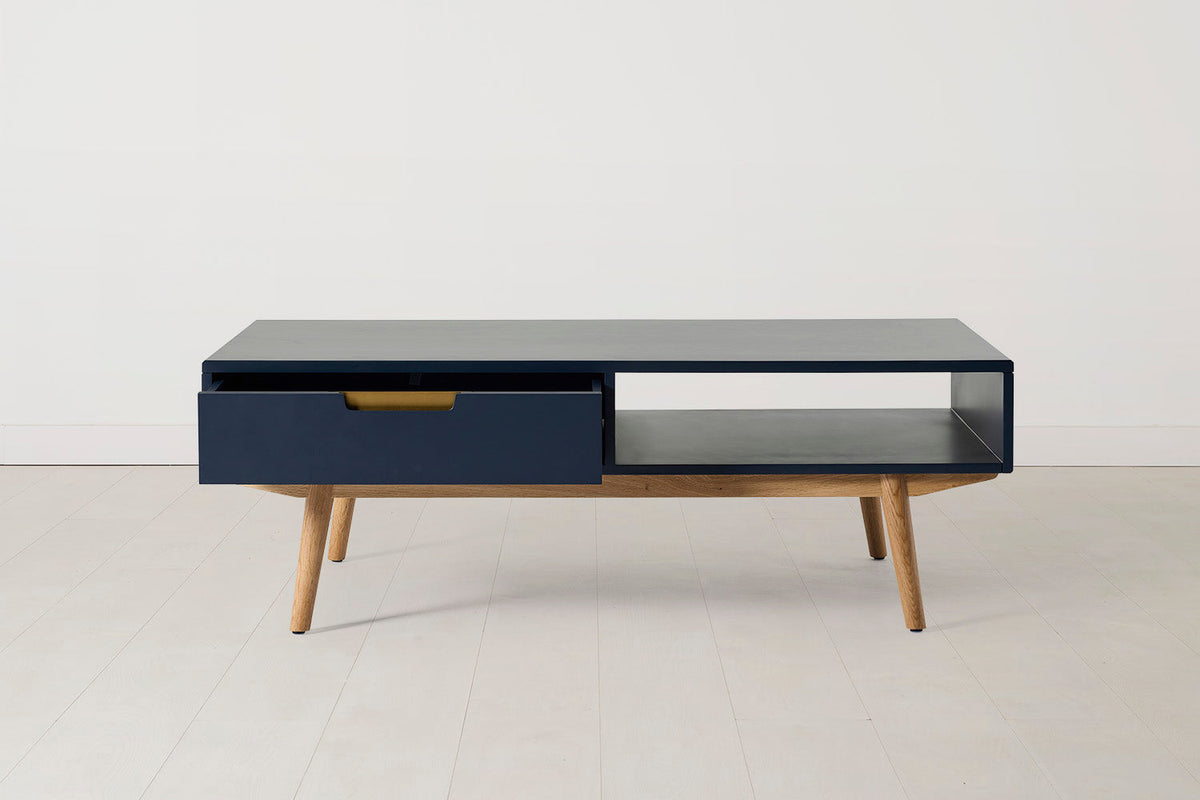 Couchtisch 01, Blau / Zwei Schubladen mit Regal