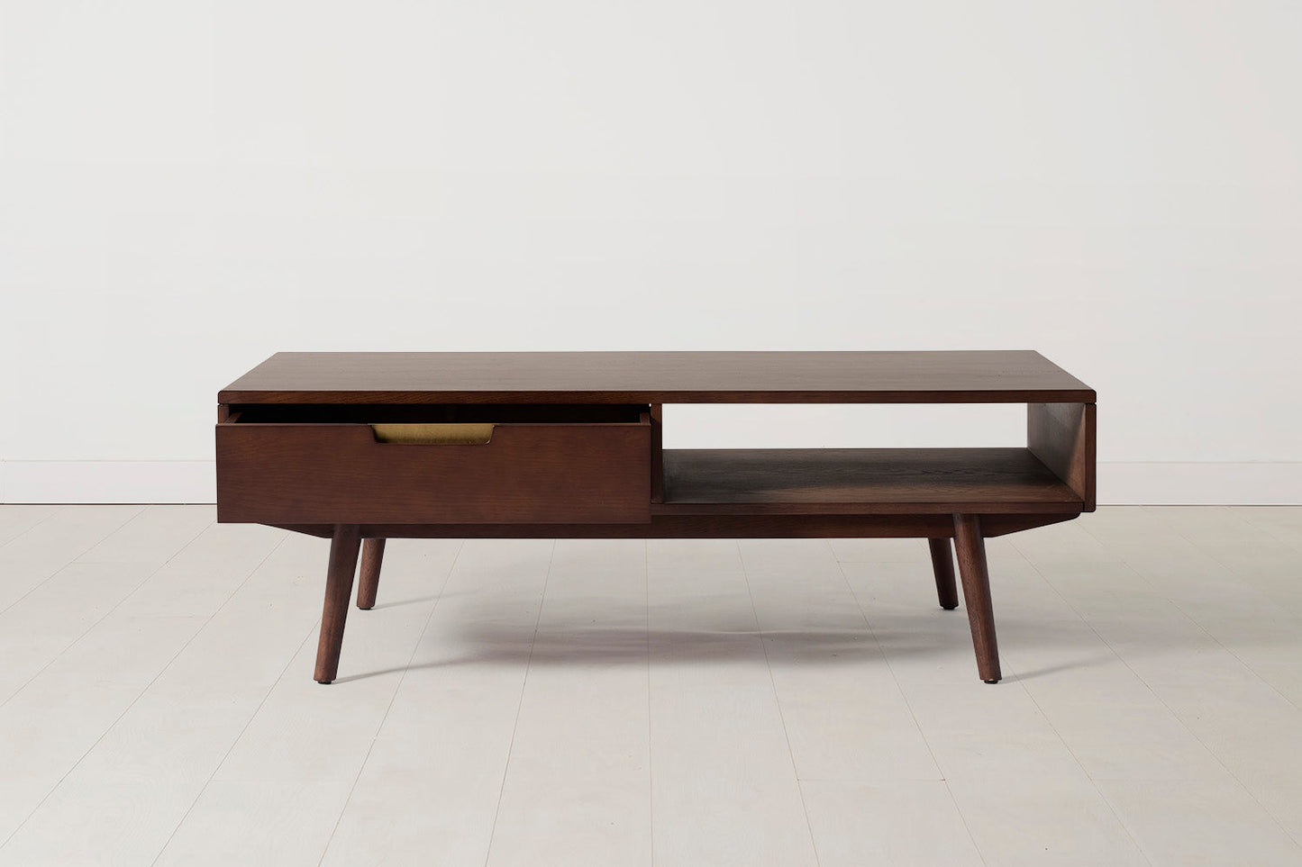 Couchtisch 01, Nussbaum / Zwei Schubladen mit Regal