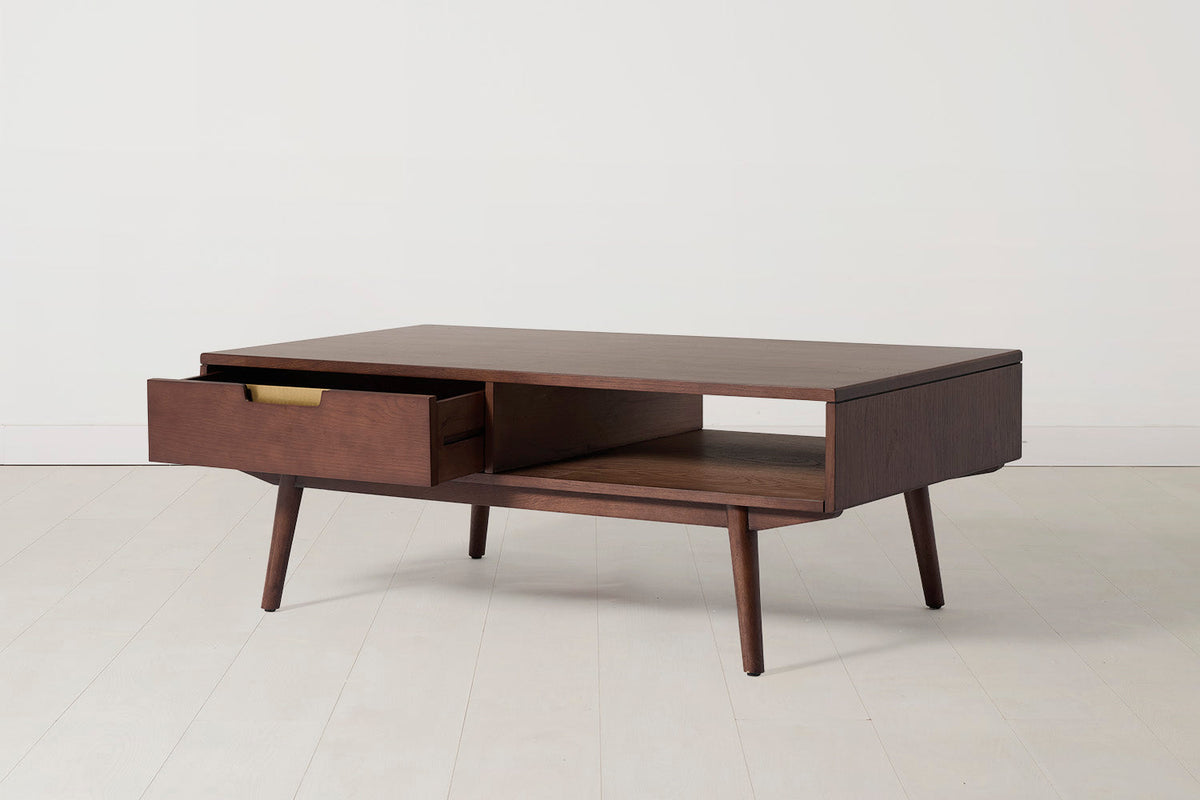 Couchtisch 01, Nussbaum / Zwei Schubladen mit Regal