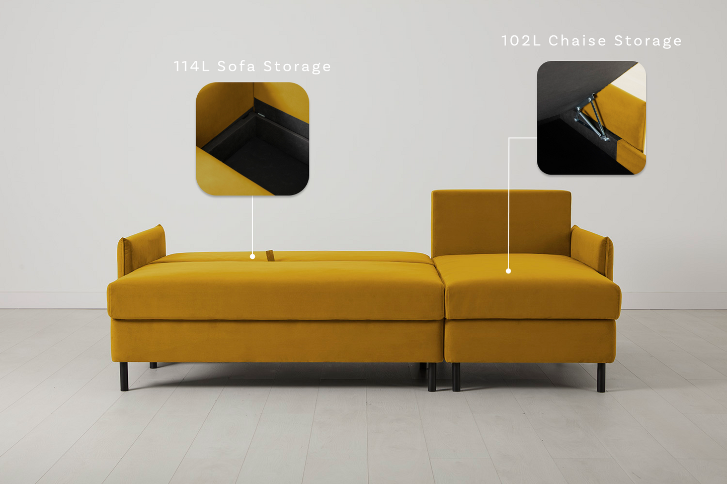 Model 12 Sofa Bed with Storage 3 Seater Right Chaise, Mustard