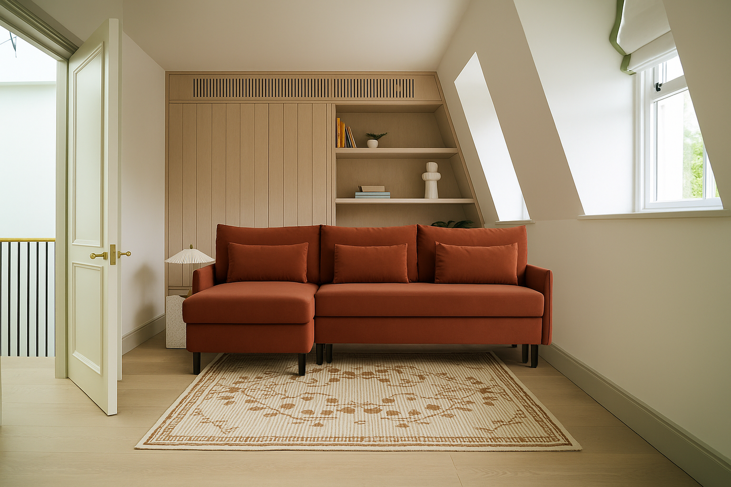 Model 12 Dreisitzer-Sofa mit Chaiselongue links, Ziegelrot