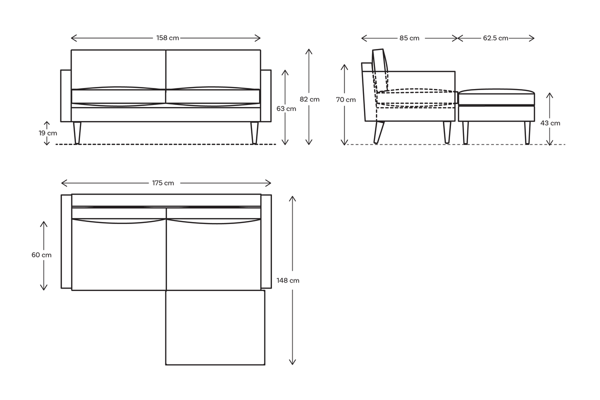 Zweisitzer-Ecksofa Model 01 mit Ecke rechts