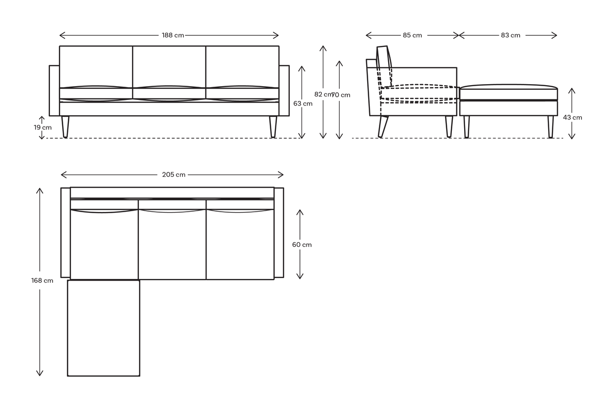 Dreisitzer-Sofa Model 01 mit Ecke links