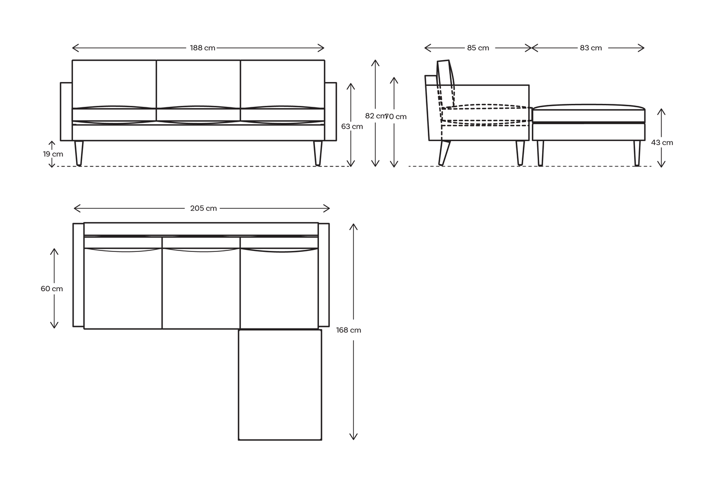 Dreisitzer-Ecksofa Model 01 mit Ecke rechts