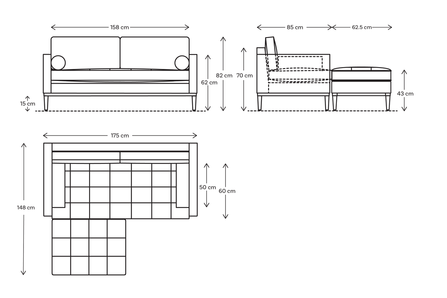 Zweisitzer-Sofa Model 02 mit Ecke links