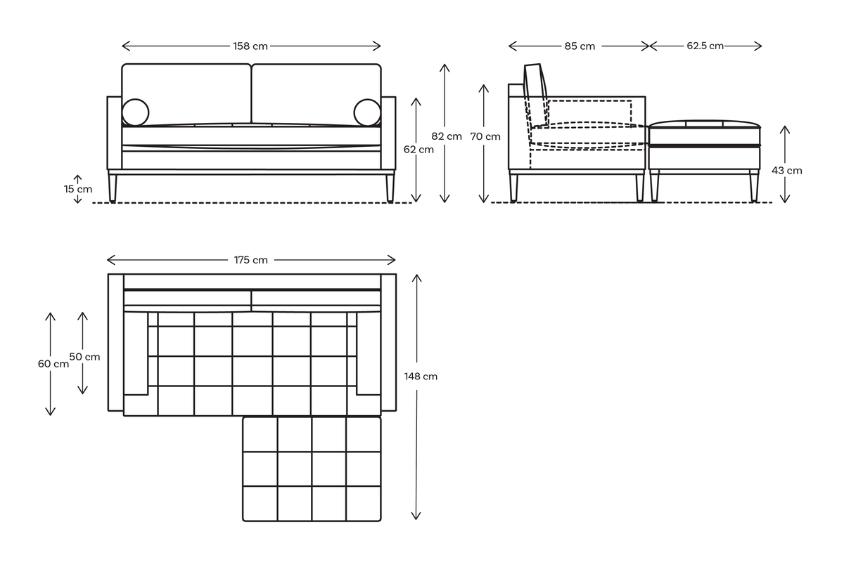 Zweisitzer-Ecksofa Model 02 mit Ecke rechts