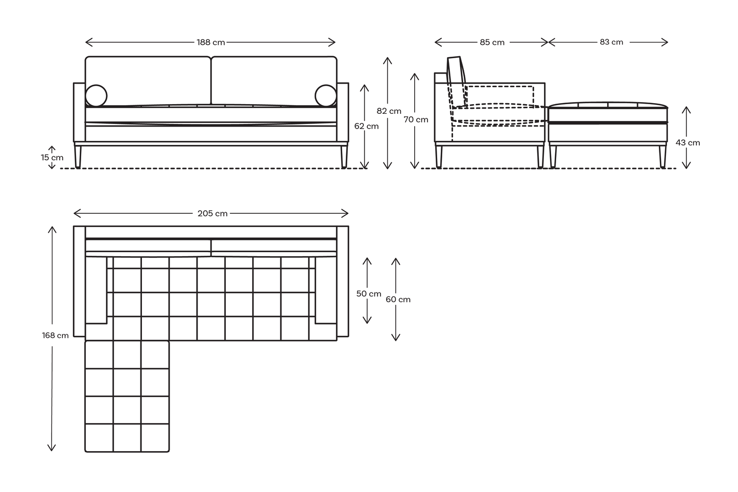 Dreisitzer-Sofa Model 02 mit Ecke links