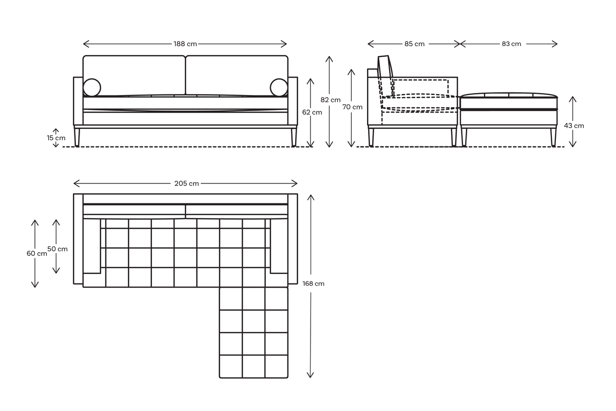 Dreisitzer-Ecksofa Model 02 mit Ecke rechts