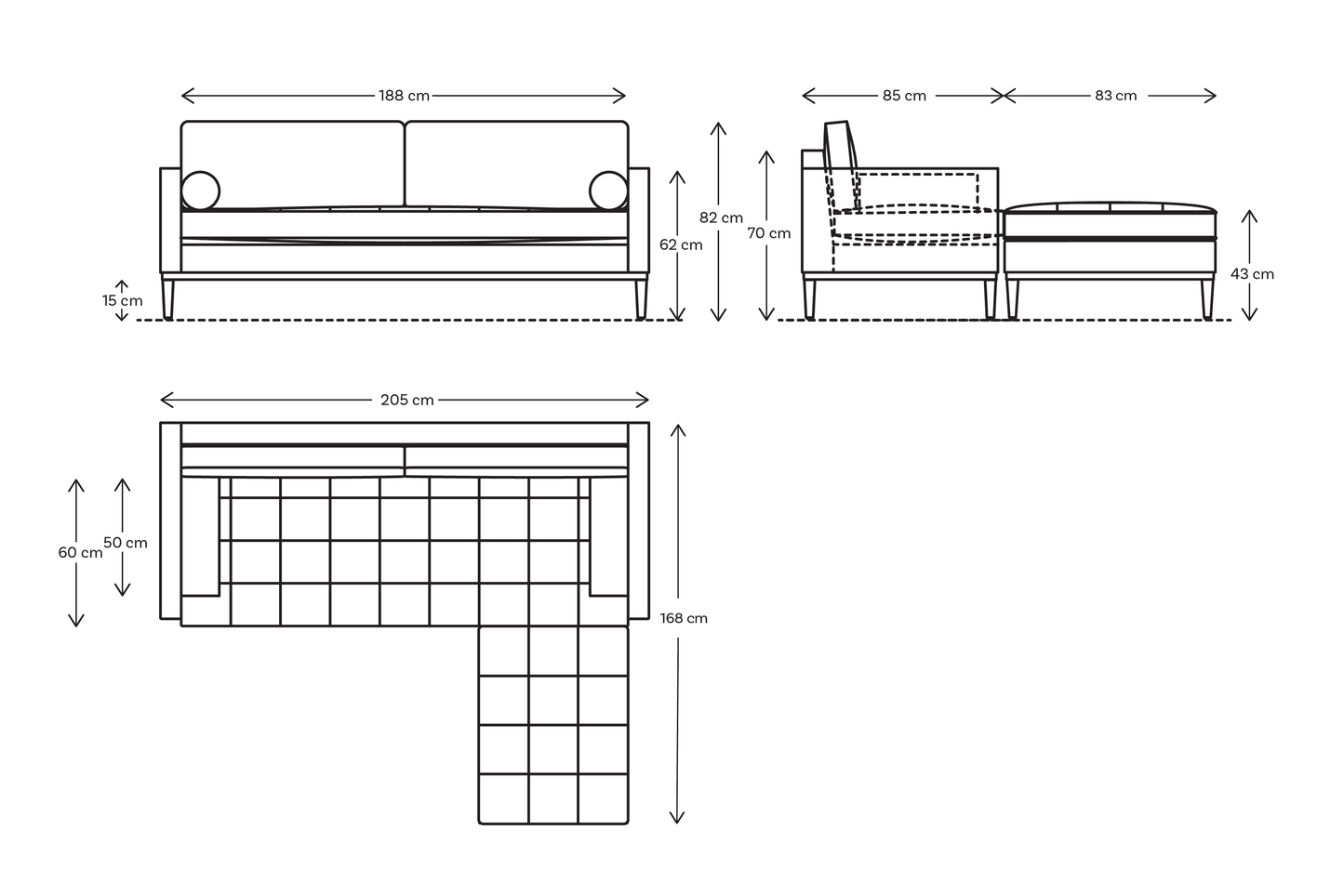 Dreisitzer-Ecksofa Model 02 mit Ecke rechts