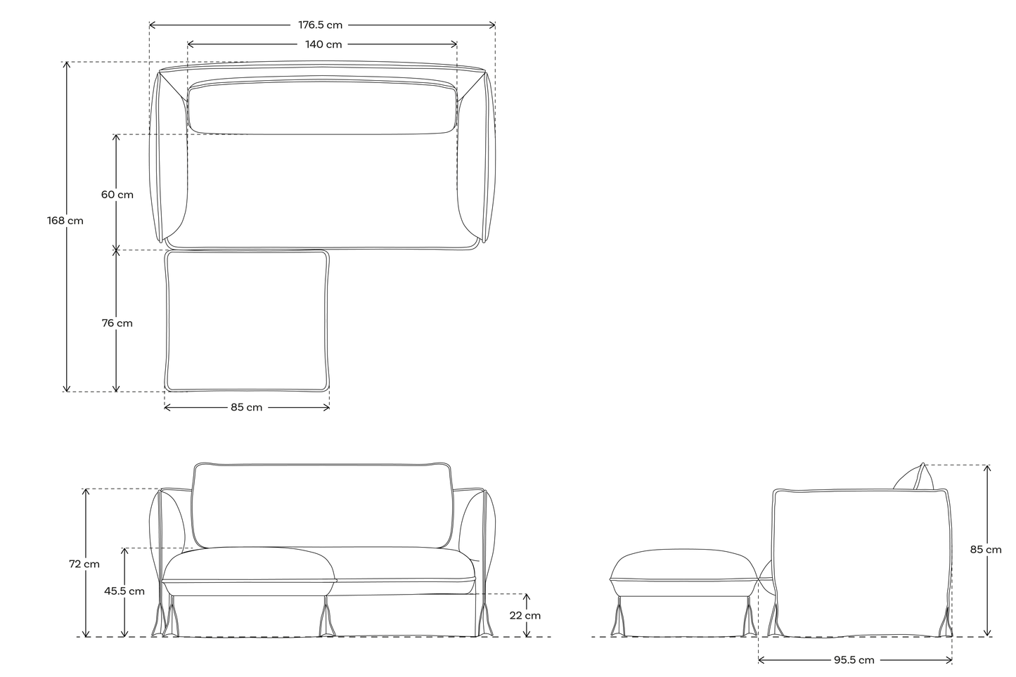 Model 18 Zweisitzer-Sofa mit Polsterhocker, Mitternachtsblau