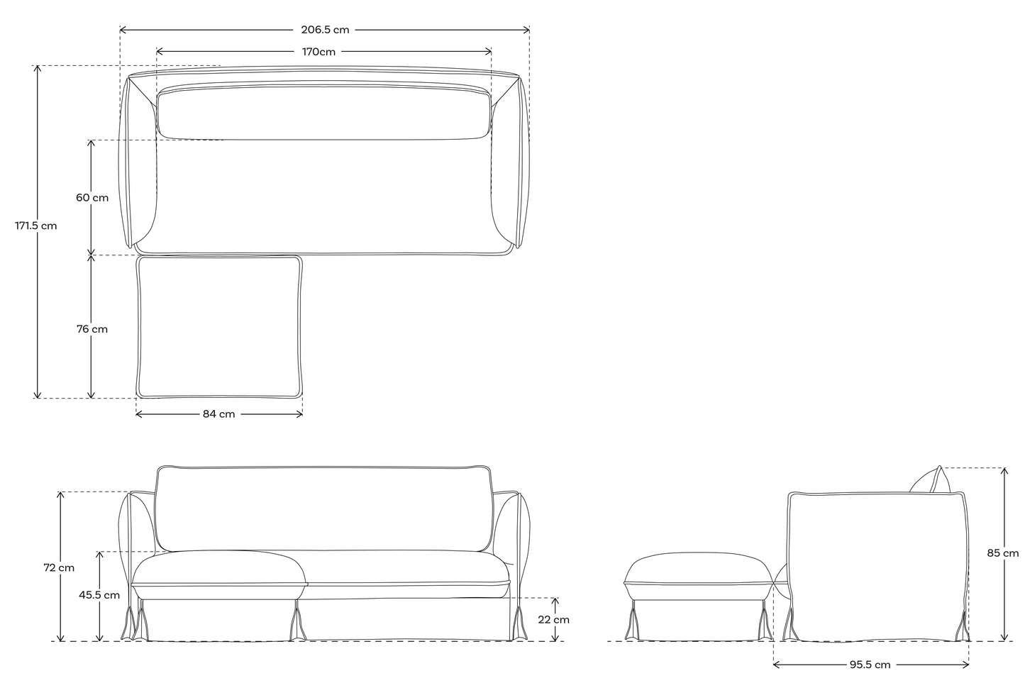 Model 18 Dreisitzer-Sofa mit Polsterhocker, Wiesengrün
