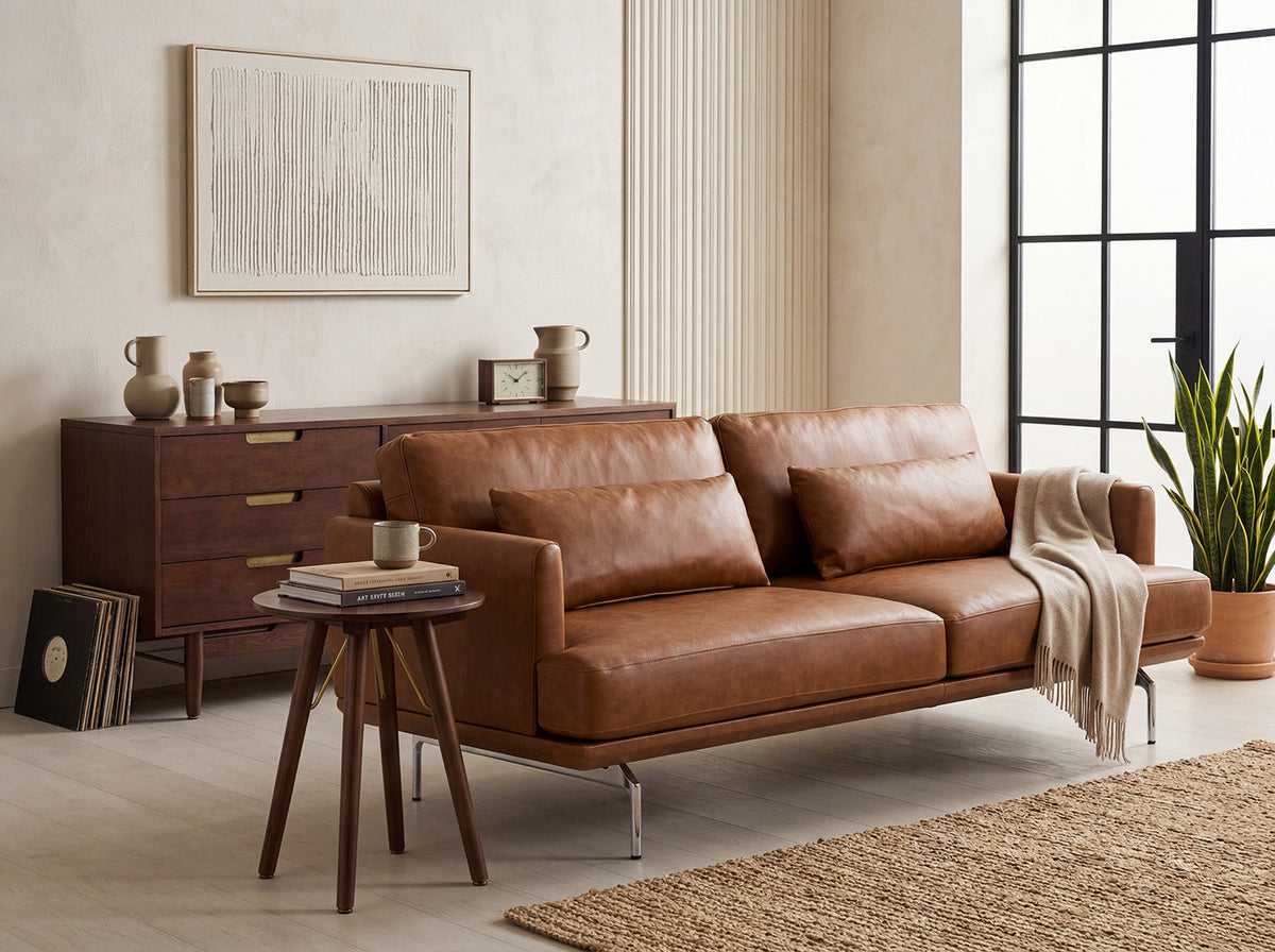 Model 14 3 Seater Sofa in Real Maple Leather in a living room