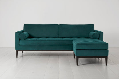 Model 02 Dreisizter Sofa mit Hocker, Eisvogelblau