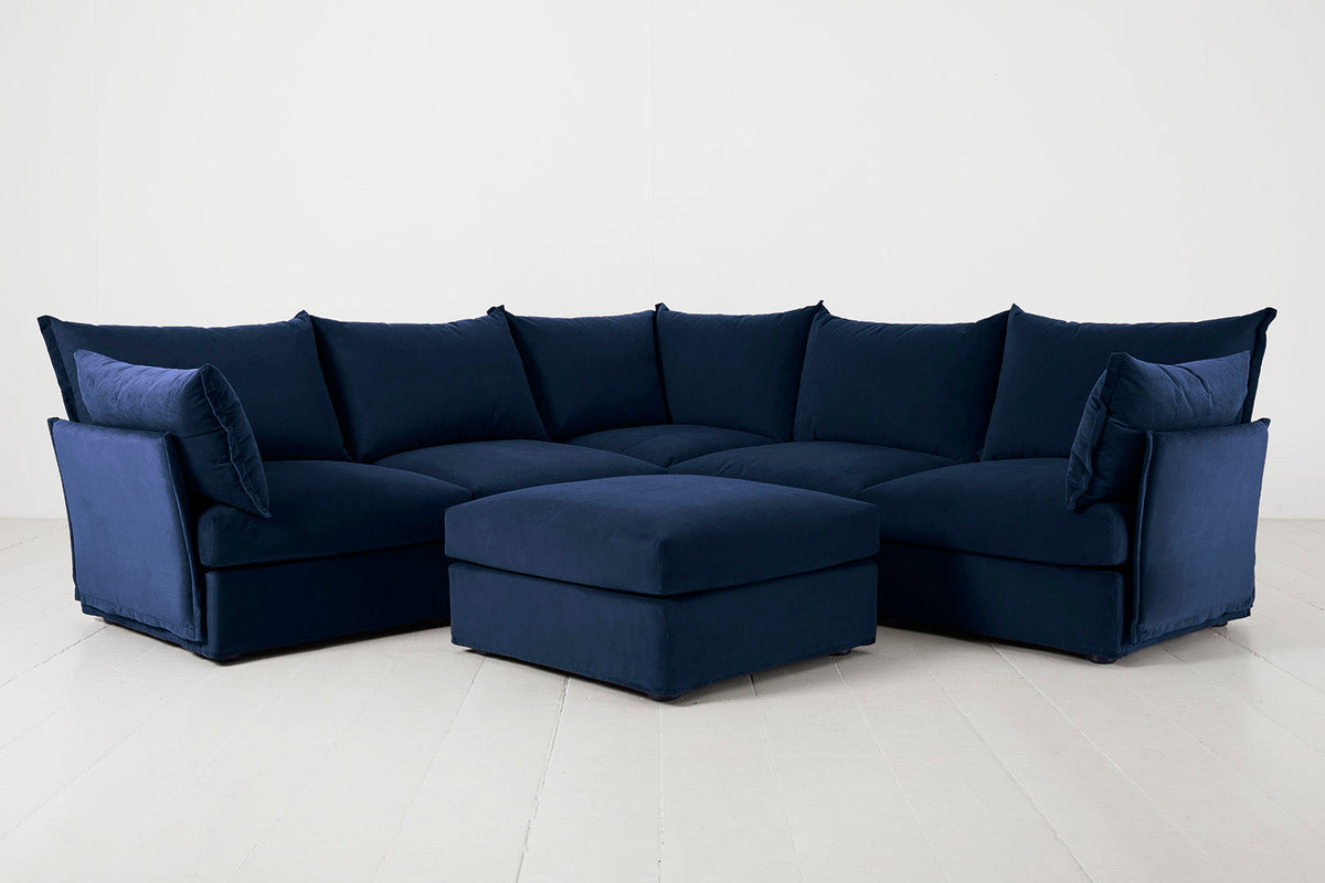 Ecksofa Model 06 mit Polsterhocker, Indigoblau