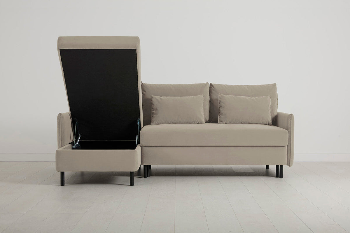 3-Seater Left Chaise Sofa Bed with Storage in cream velvet