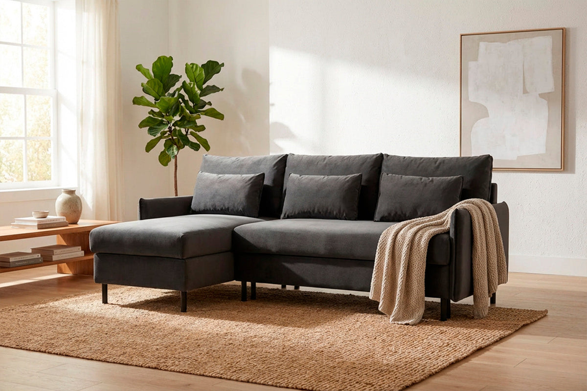 3-Seater Left Chaise Sofa Bed with Storage in grey velvet
