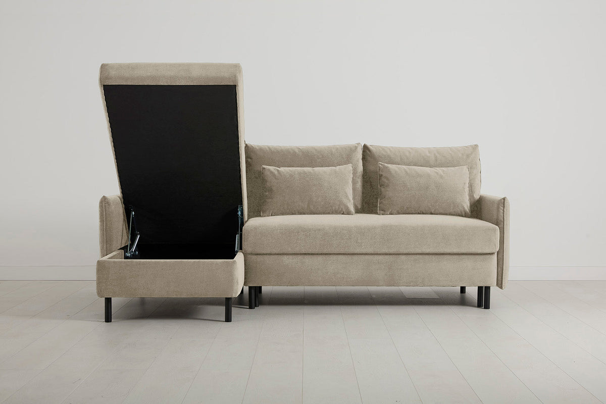 Model 12 Dreisitzer-Schlafsofa mit Chaiselongue links, Flachs
