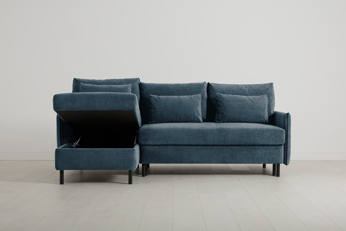 3-Seater Left Chaise Sofa Bed with Storage in blue chenille