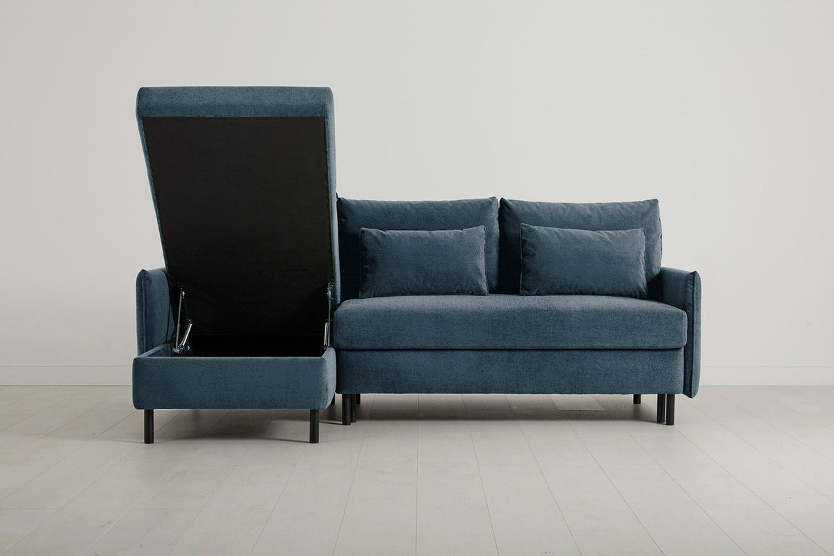 Model 12 Dreisitzer-Schlafsofa mit Chaiselongue links, Wasserblau