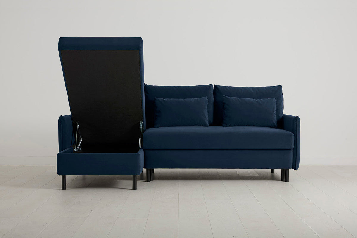 3-Seater Left Chaise Sofa Bed with Storage in blue velvet