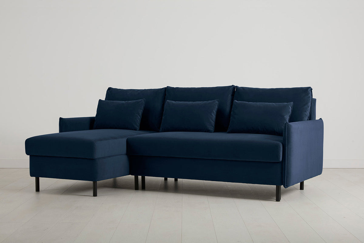 3-Seater Left Chaise Sofa Bed with Storage in blue velvet
