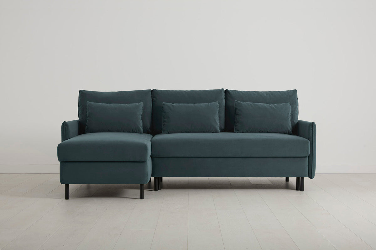 3-Seater Left Chaise Sofa Bed with Storage in blue velvet
