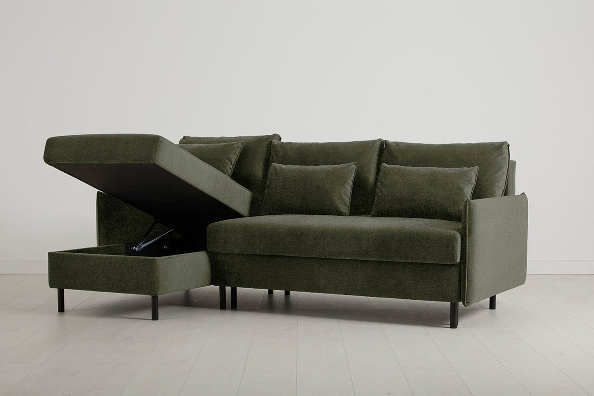 3-Seater Left Chaise Sofa Bed with Storage in green chenille