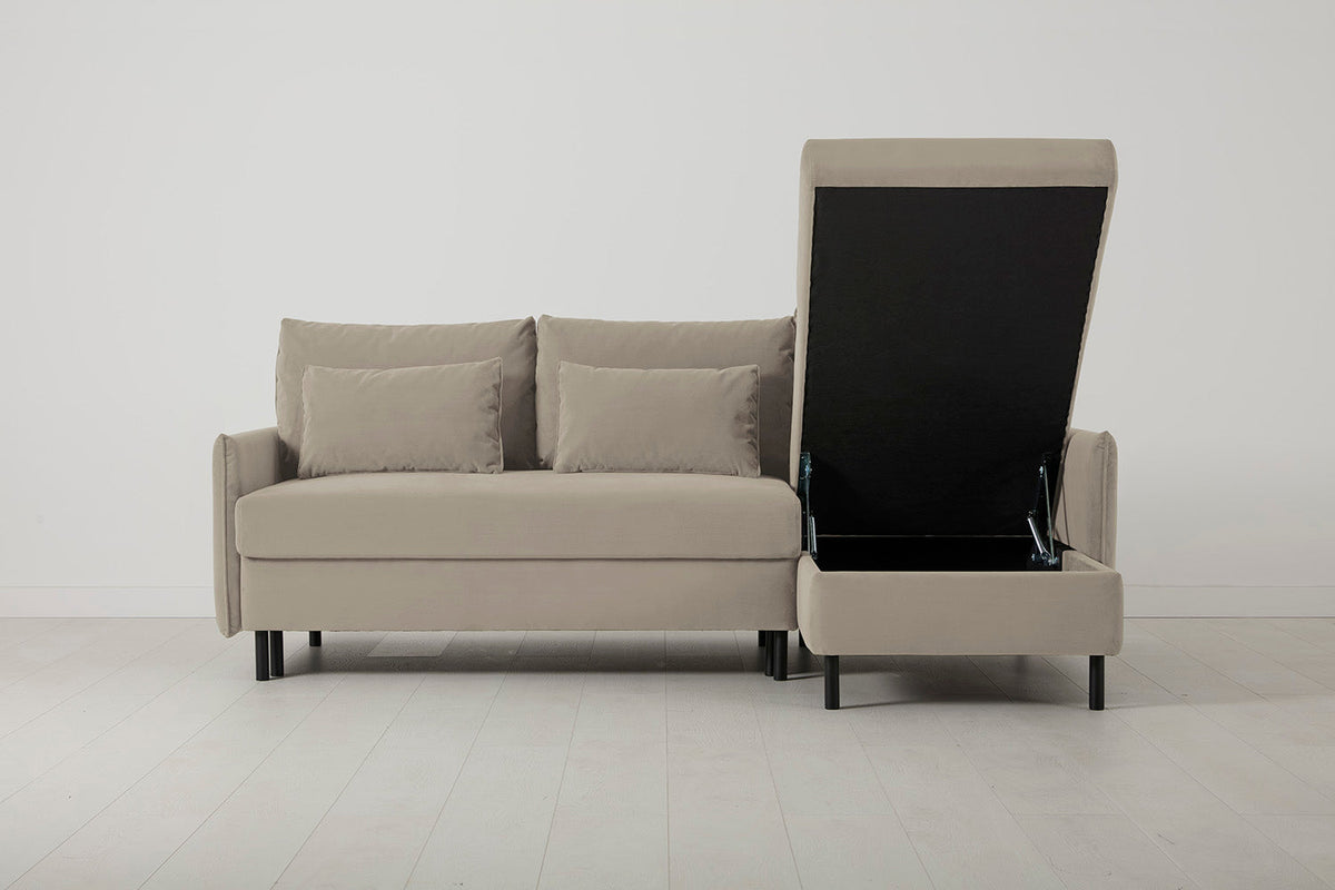 3-Seater Right Chaise Sofa Bed with Storage in cream velvet
