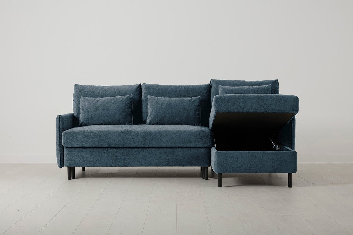 Model 12 Dreisitzer-Schlafsofa mit Chaiselongue rechts, Wasserblau