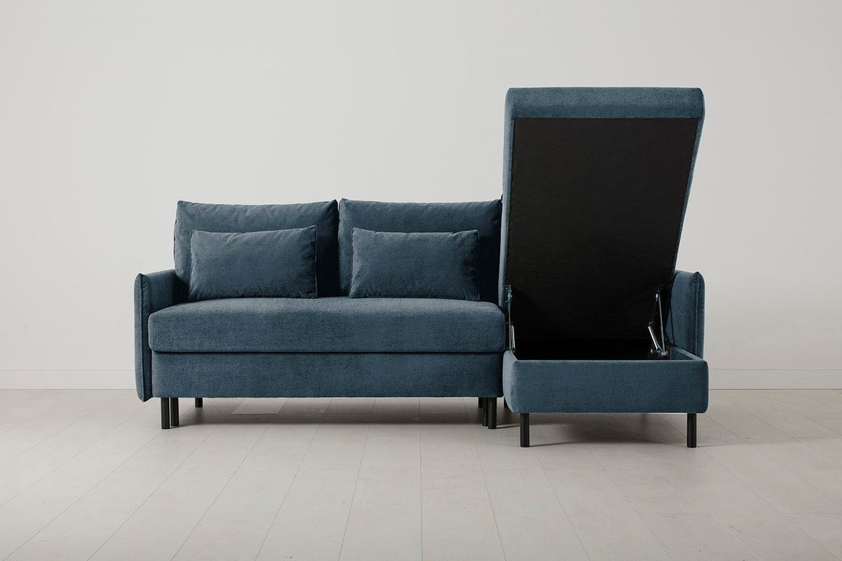 Model 12 Dreisitzer-Schlafsofa mit Chaiselongue rechts, Wasserblau