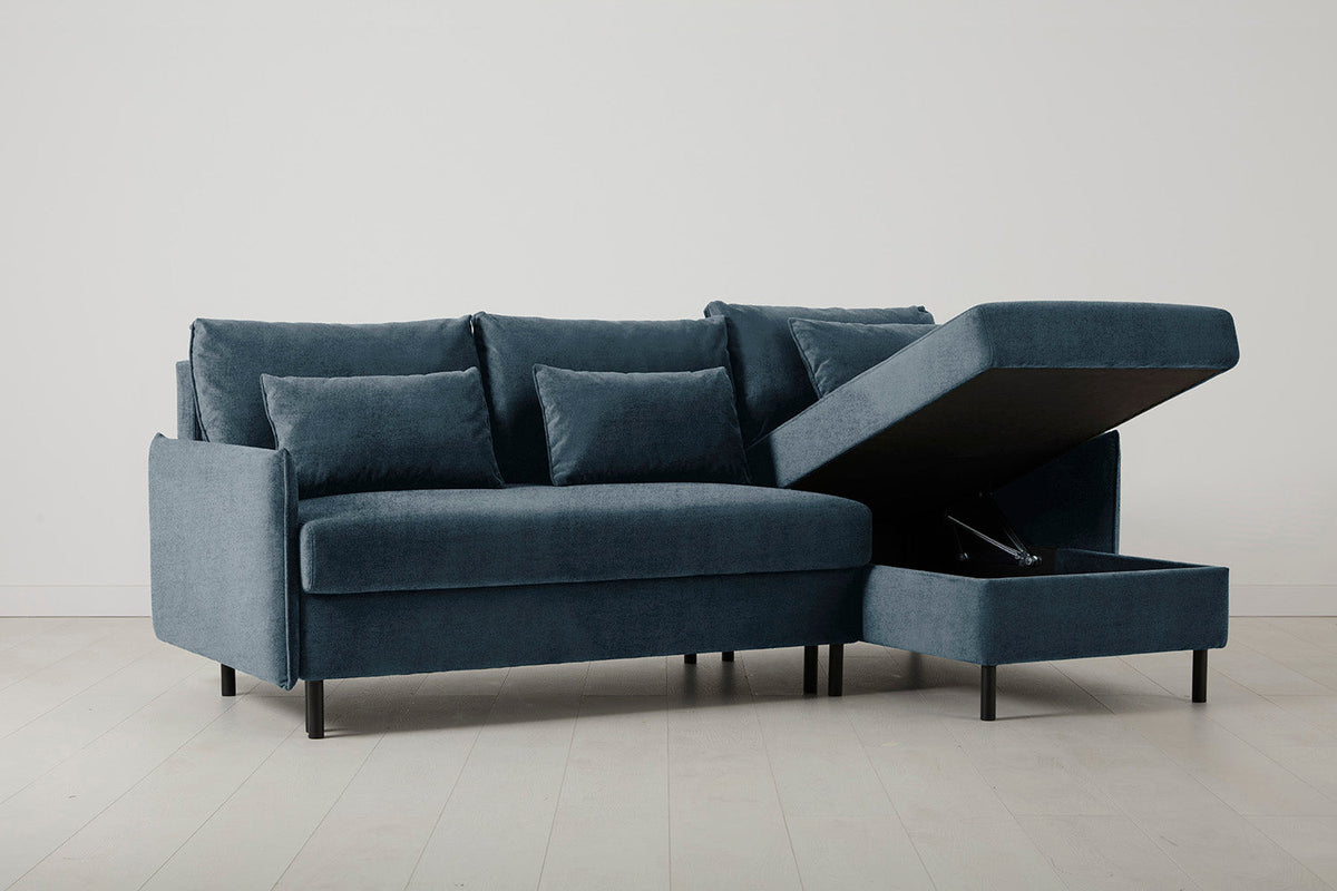 Model 12 Dreisitzer-Schlafsofa mit Chaiselongue rechts, Wasserblau