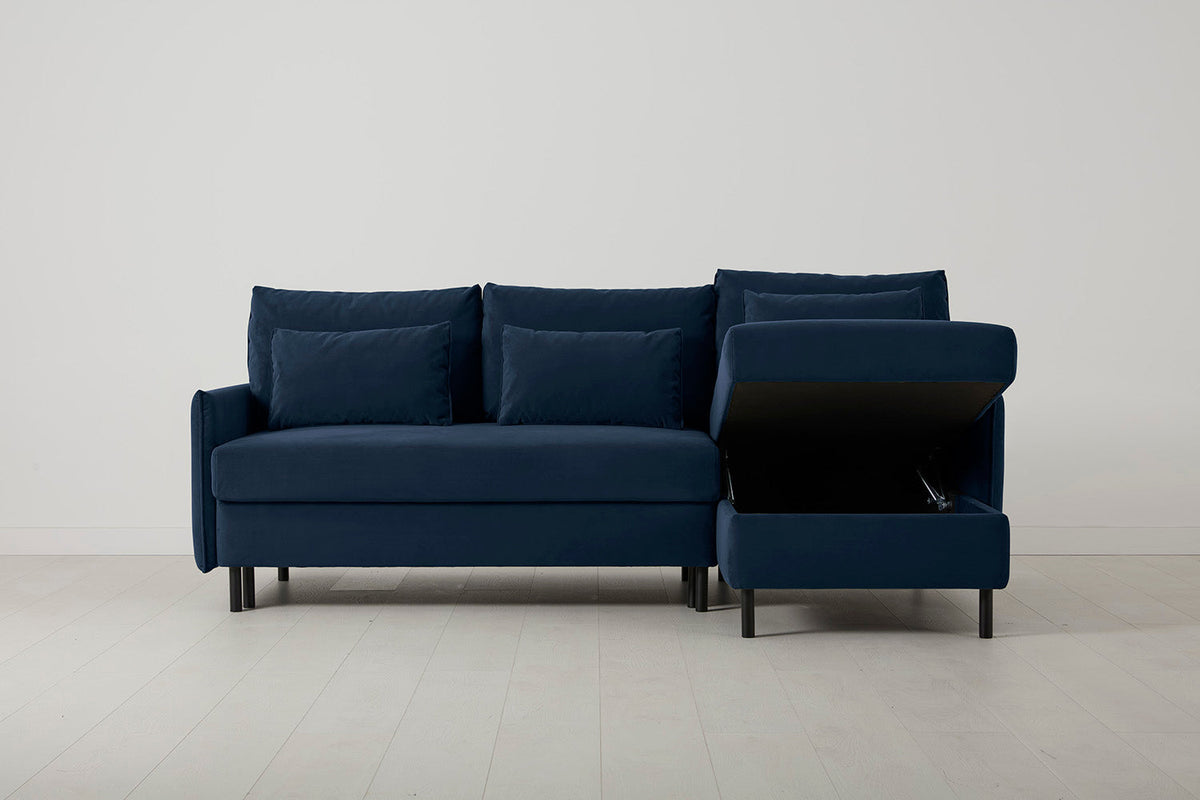 3-Seater Right Chaise Sofa Bed with Storage in blue velvet