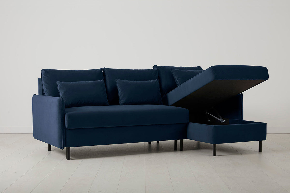 3-Seater Right Chaise Sofa Bed with Storage in blue velvet