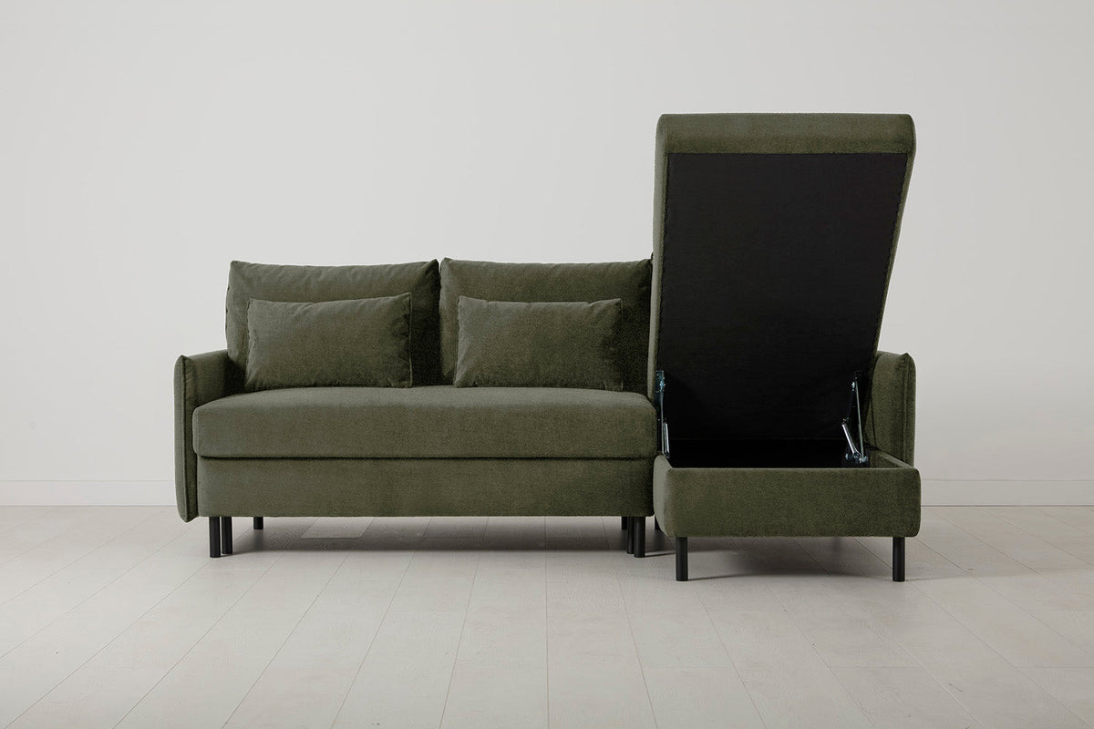 3-Seater Right Chaise Sofa Bed with Storage in green chenille