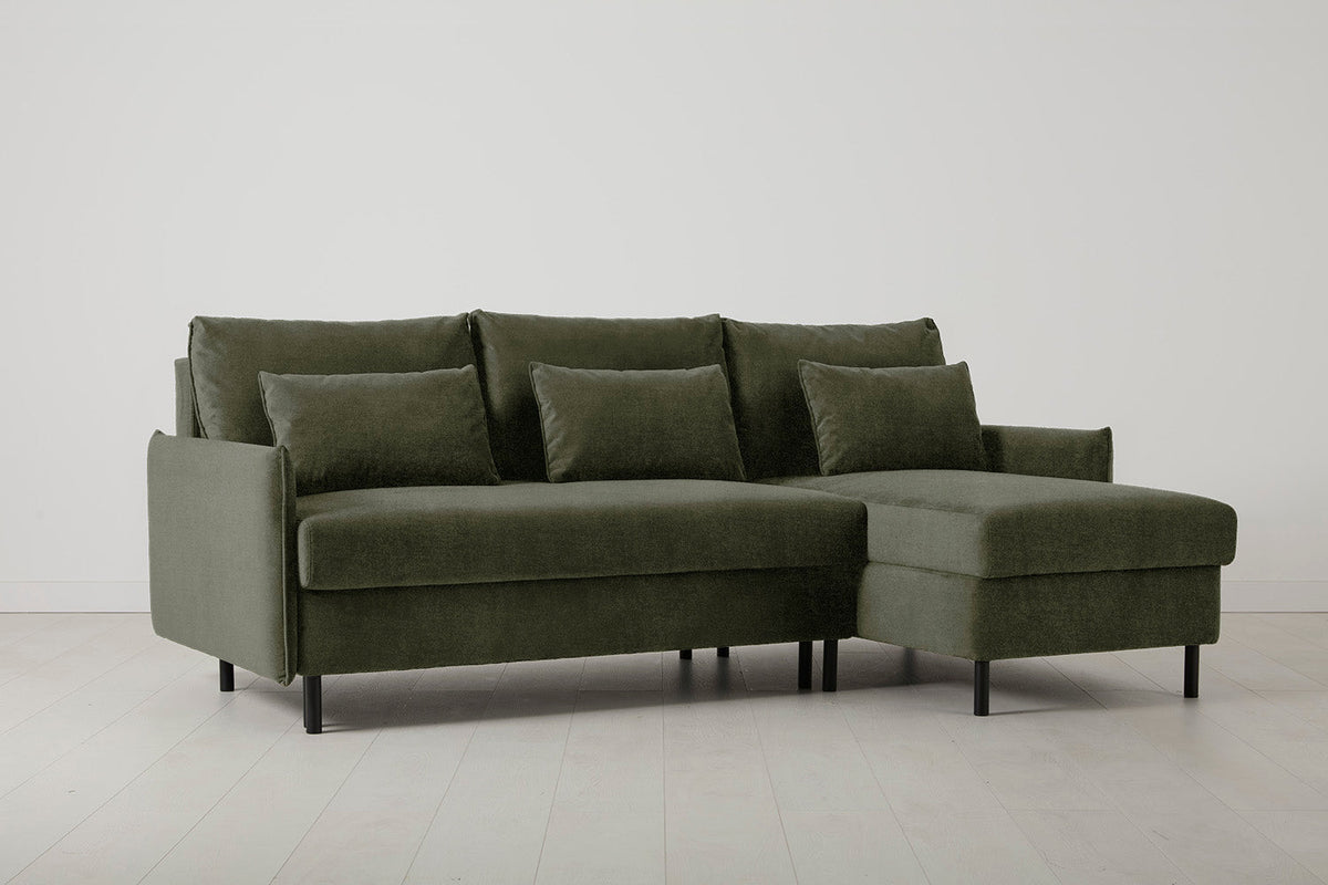 3-Seater Right Chaise Sofa Bed with Storage in green chenille