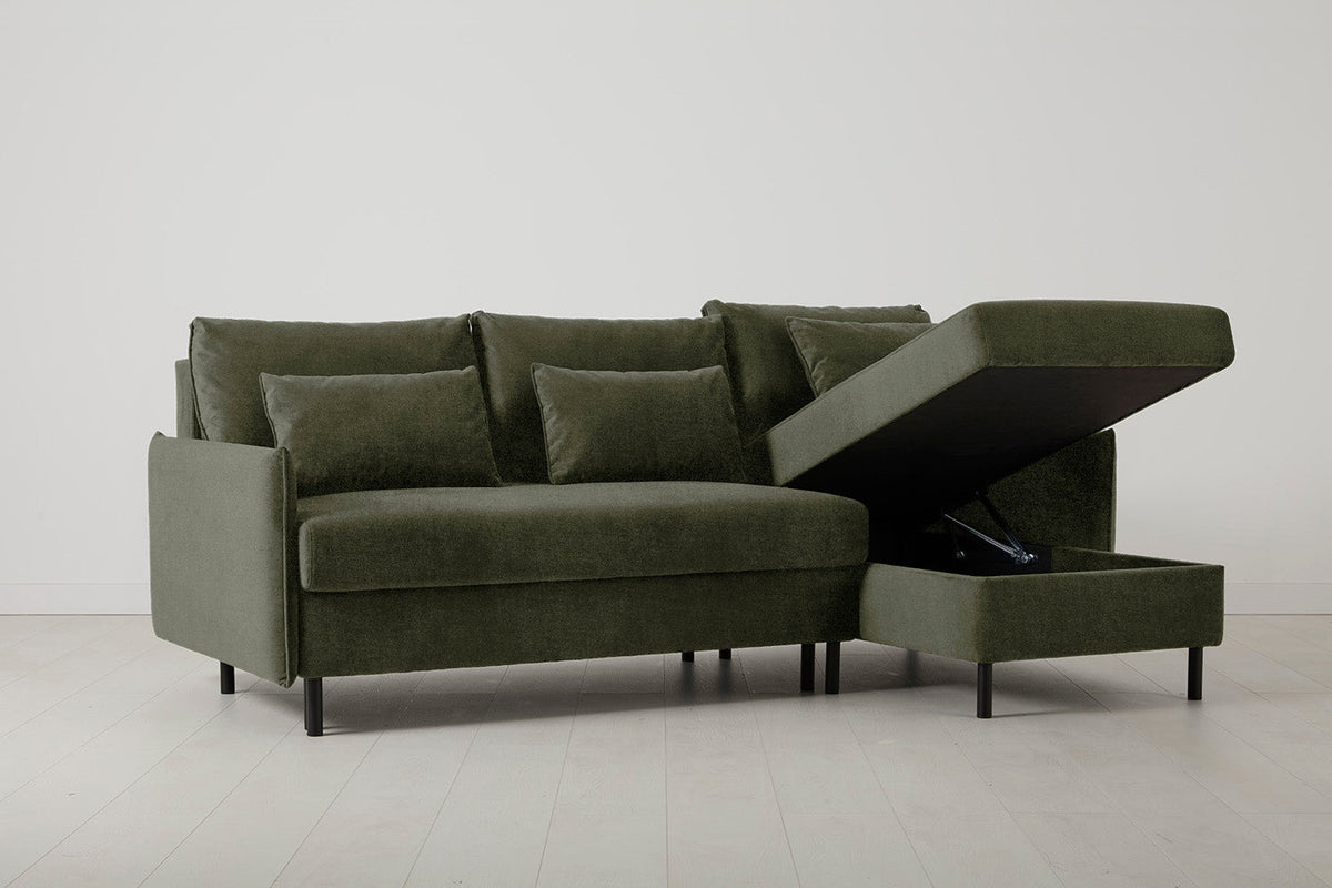 3-Seater Right Chaise Sofa Bed with Storage in green chenille