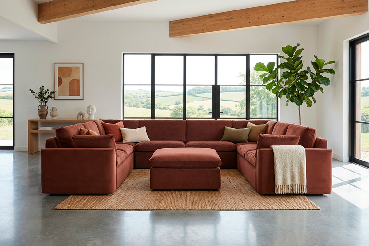 Model 13 U Shaped Sofa with Ottoman, Brick