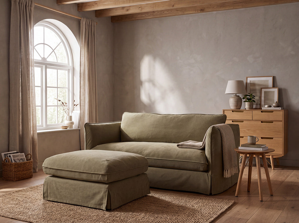 Model 18 Zweisitzer-Sofa mit Polsterhocker, Wiesengrün